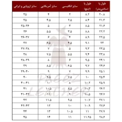 جدول سایزبندی پا