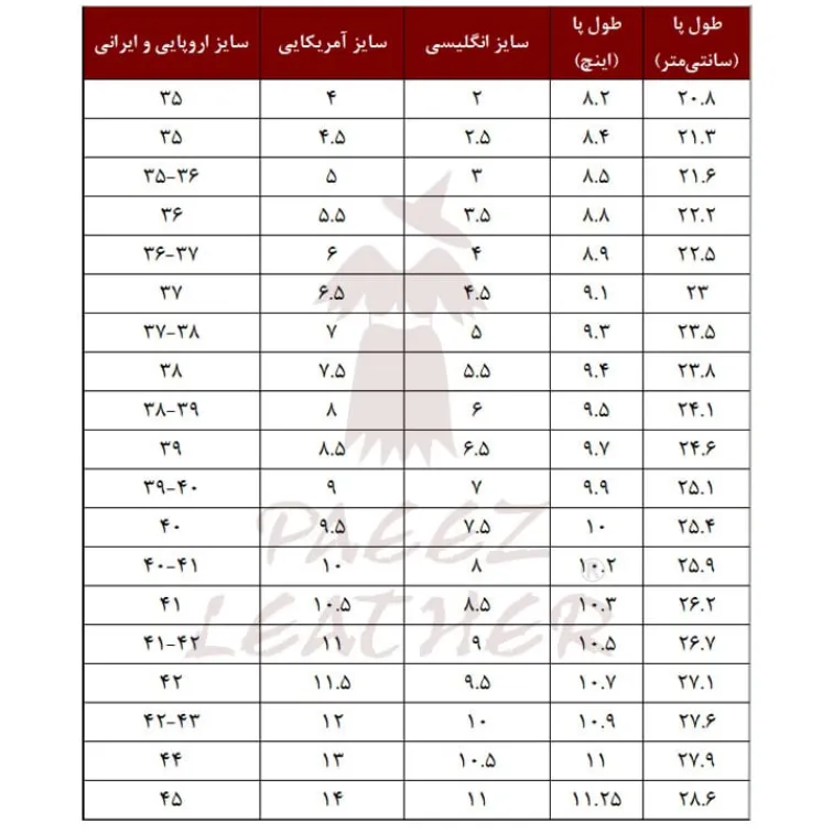 جدول سایزبندی پا