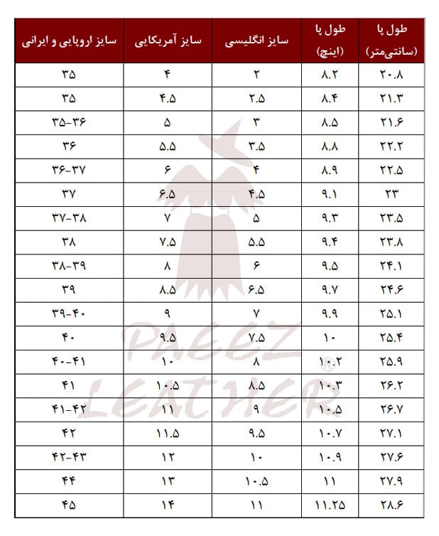 جدول اندازه گیری سایز پا